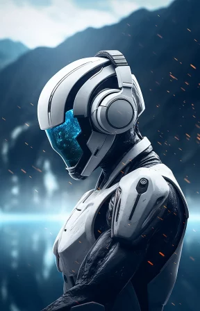 futuristic robot listening music headphones